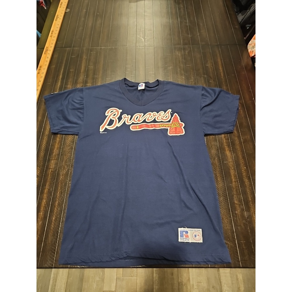 Vintage Blue 1997 Atlanta Braves Russell Athletic Navy V Neck T Shirt Usa Sz Med